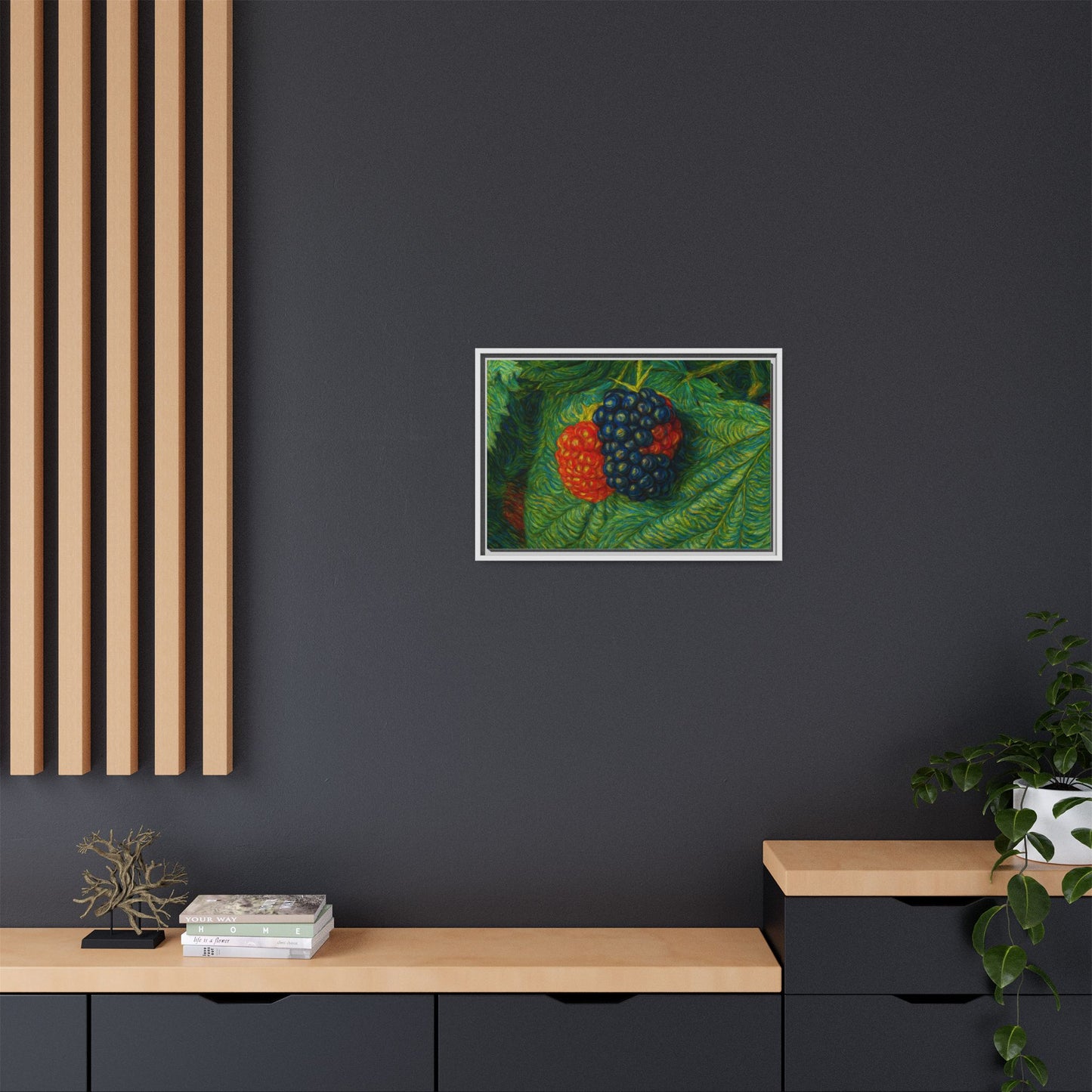 Blackberry still life framed canvas print by Printify showing a detailed image of ripe blackberries on a textured canvas background.