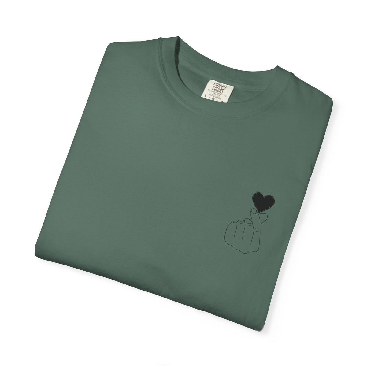 Black T-shirt from Printify featuring a minimal white finger heart graphic design on the front.
