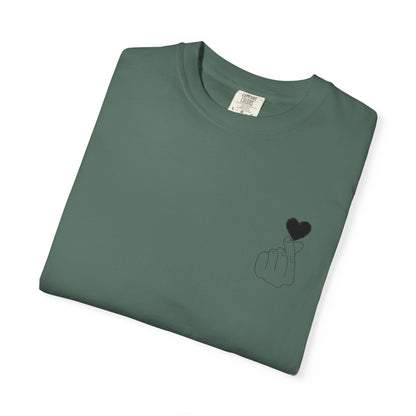 Black T-shirt from Printify featuring a minimal white finger heart graphic design on the front.