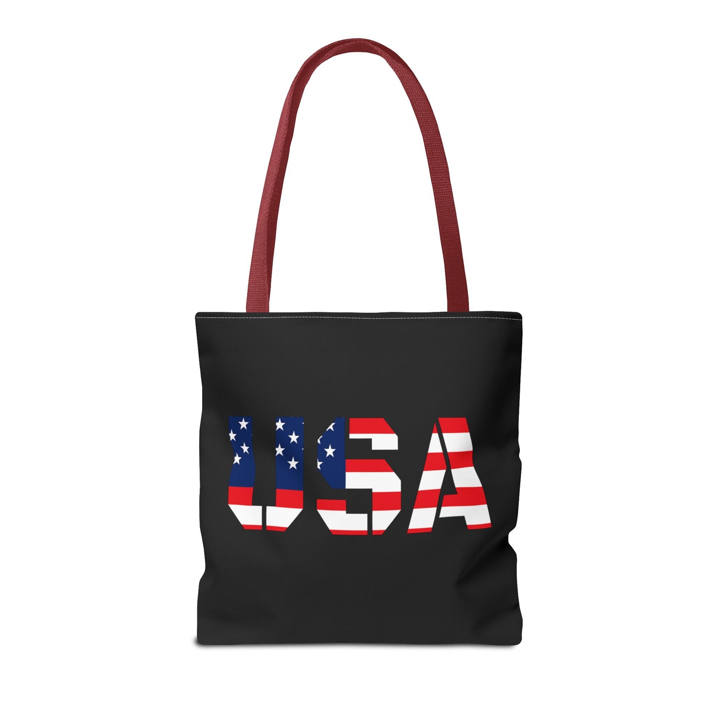 Reusable USA flag tote bag with patriotic stars and stripes, ideal for summer and Fourth of July celebrations.