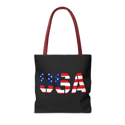 Reusable USA flag tote bag with patriotic stars and stripes, ideal for summer and Fourth of July celebrations.