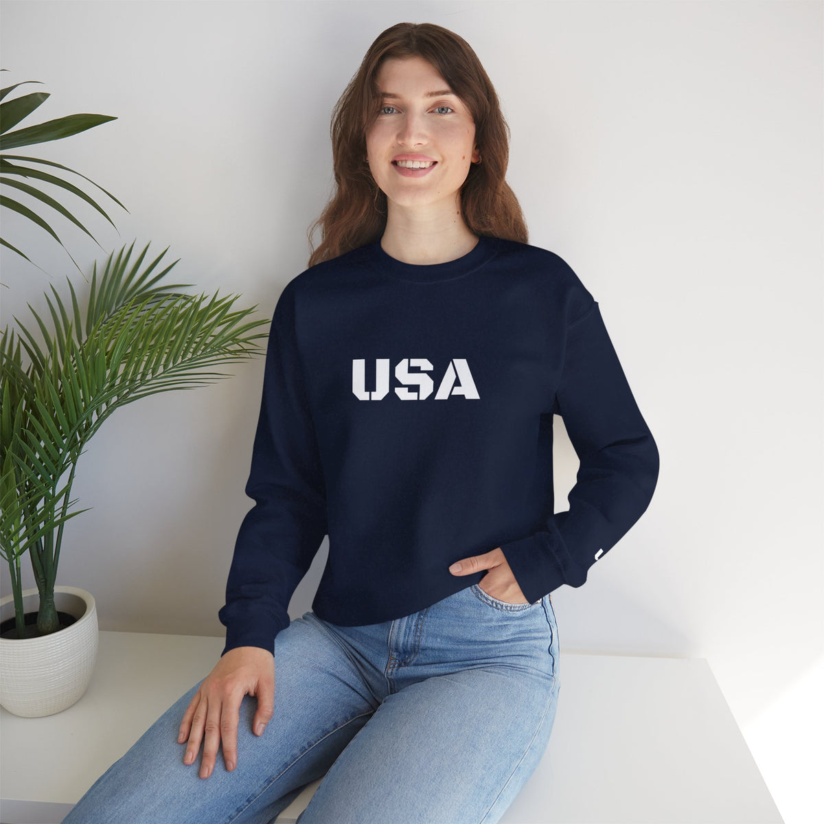 USA crewneck sweatshirt by Printify featuring patriotic design, cozy fit, perfect for all seasons, with red, white, and blue accents.