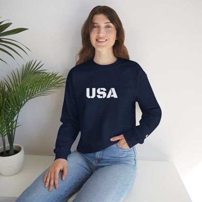 USA crewneck sweatshirt by Printify featuring patriotic design, cozy fit, perfect for all seasons, with red, white, and blue accents.