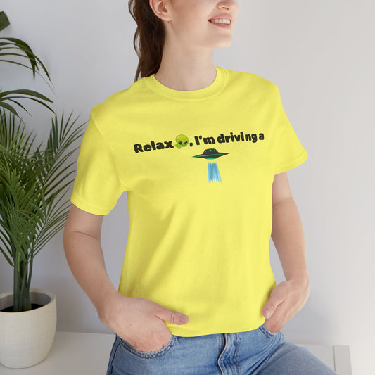 Unisex Alien Driving T-Shirt featuring a humorous UFO design, perfect for extraterrestrial enthusiasts and casual wear.