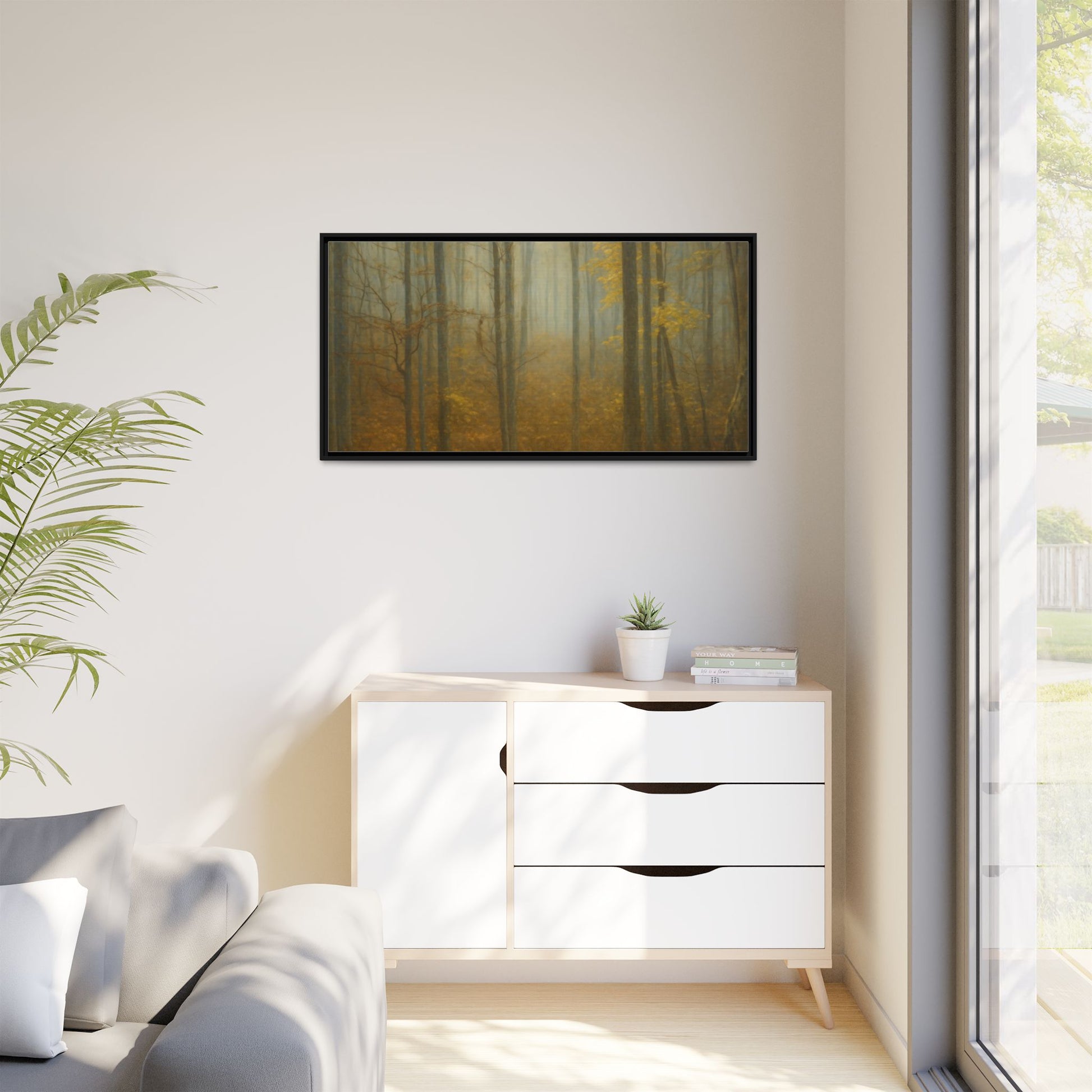 Framed matte canvas wall art depicting a misty autumn forest with trees and foliage, by Printify.