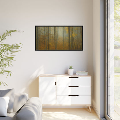 Framed matte canvas wall art depicting a misty autumn forest with trees and foliage, by Printify.