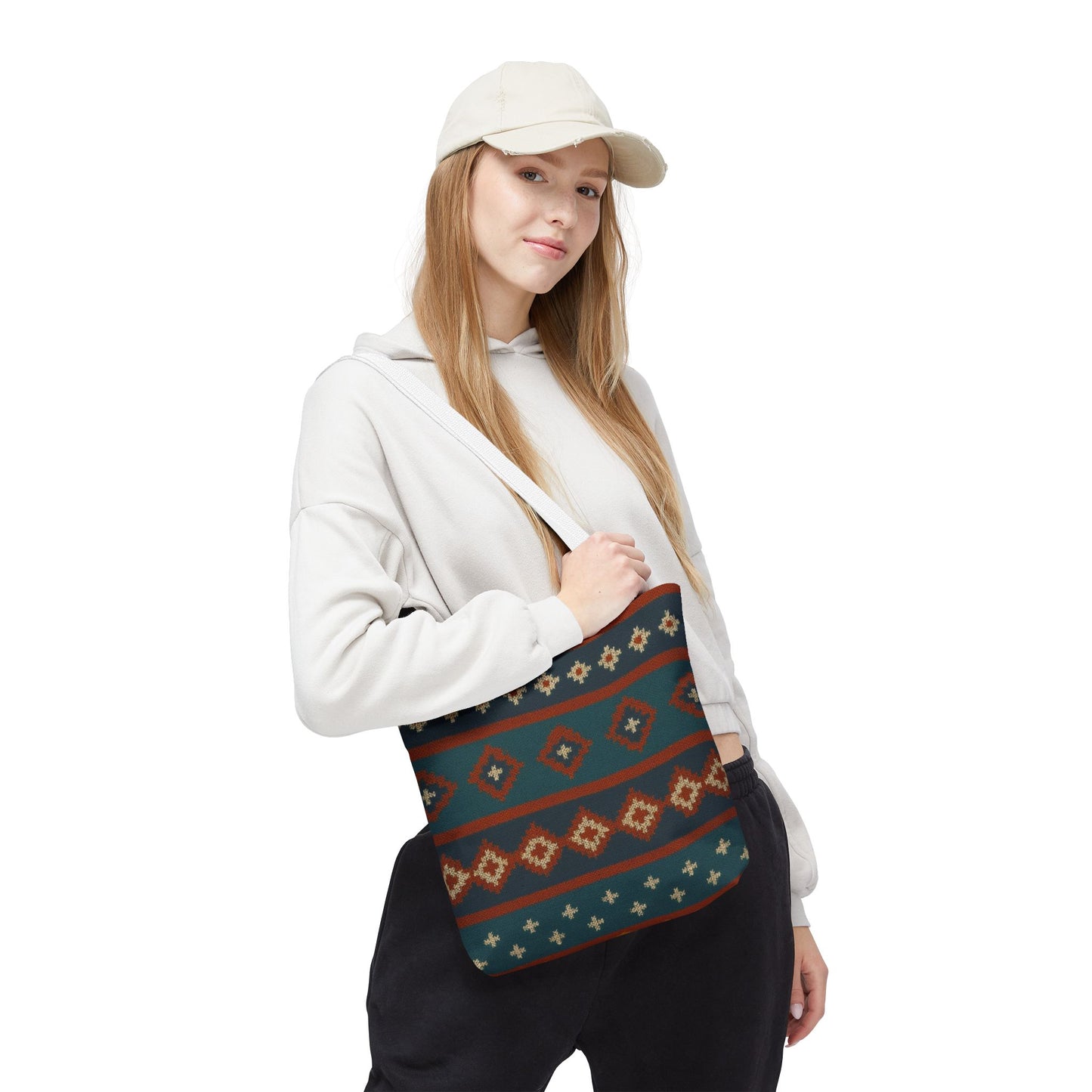Southwestern diamond pattern tote bag with Aztec tribal geometric print, featuring sturdy straps and spacious interior.