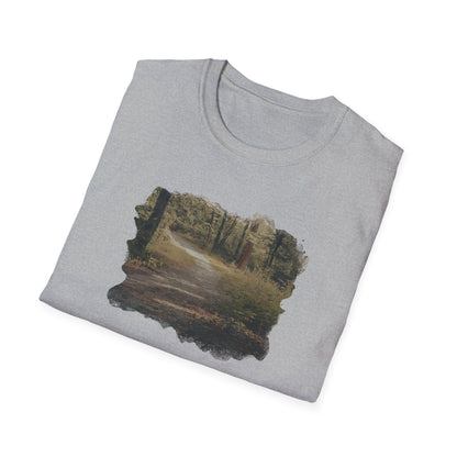 Vintage forest landscape T-Shirt by Printify featuring a nature pathway design, casual cotton tee with outdoor scenery print.
