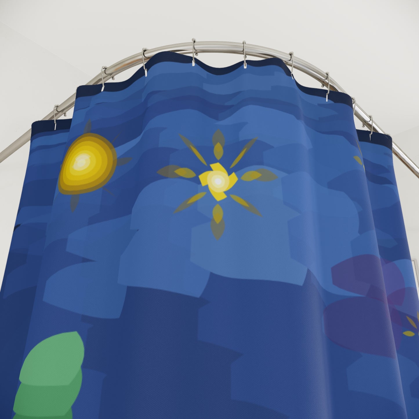 Starry Night Blue Shower Curtain | Nautical Ocean Waves Stars