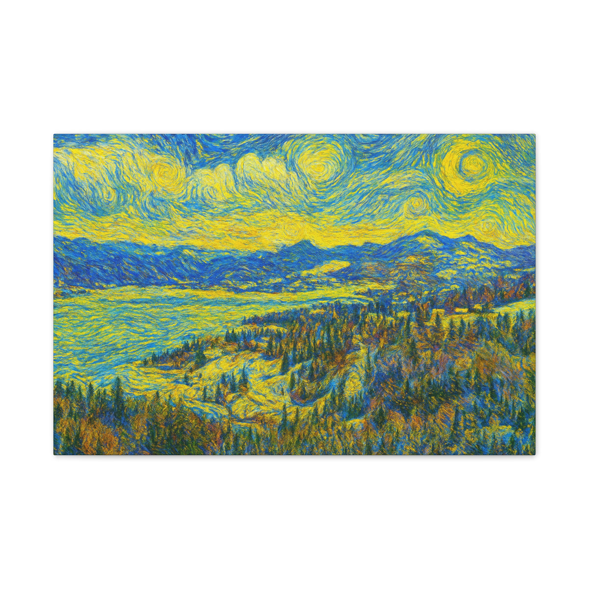 Starry Mountain Lake canvas print featuring Van Gogh style landscape with vibrant stars and mountain scenery, wall art for home decor.