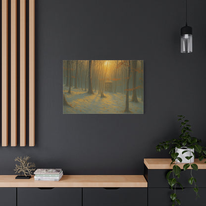 Matte stretched canvas print of Misty Forest Sunrise landscape, featuring vibrant colors and detailed forest scene.