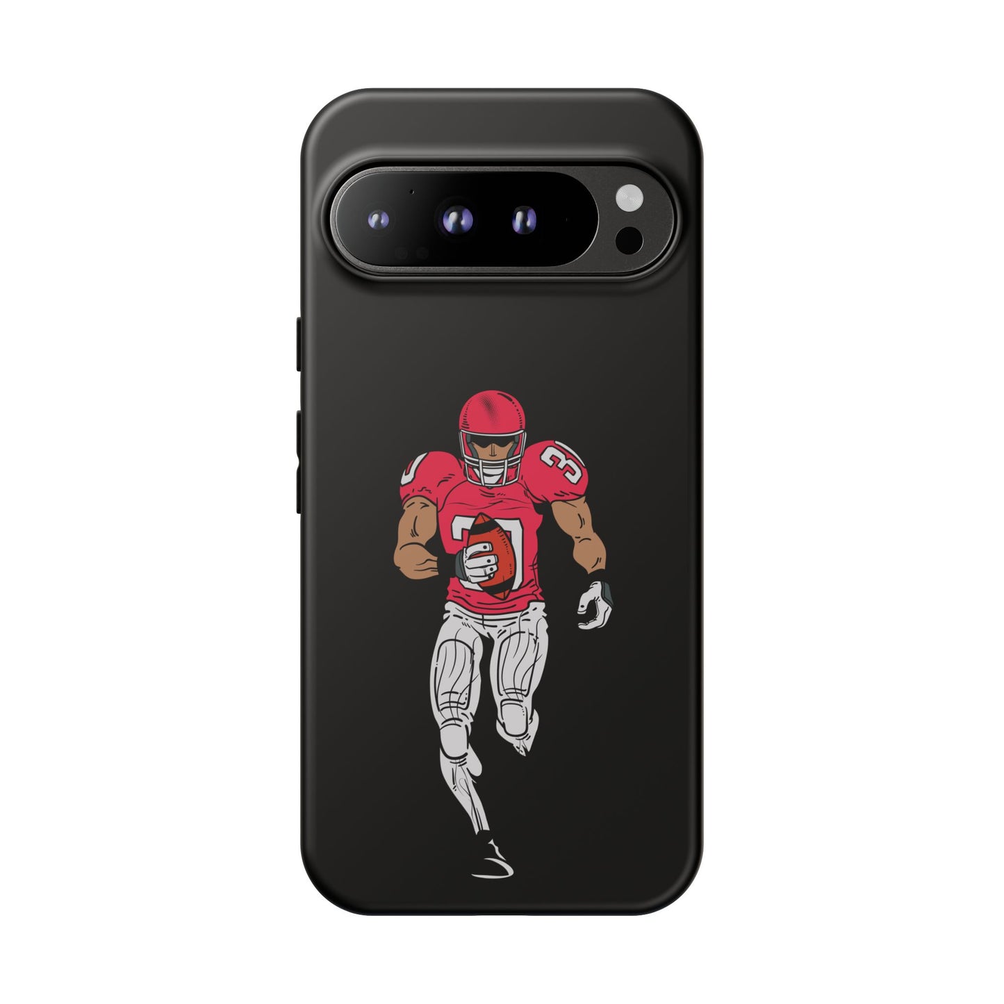 Black football player tough phone case for iPhone, protective sports-themed case with bold athlete graphic.