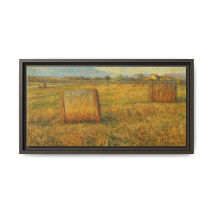 Framed matte canvas wall art featuring a rustic hayfield landscape print by Printify, perfect for home decor.