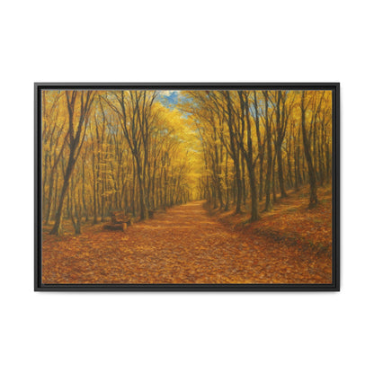 Autumn forest path matte canvas framed wall art by Printify, featuring a scenic woodland trail with colorful fall foliage.