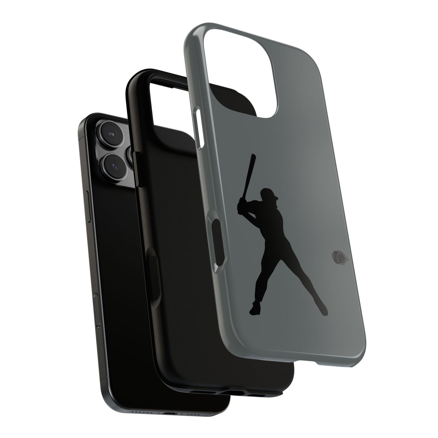 Black iPhone case with a white baseball silhouette design, protective sporty phone cover by Printify.