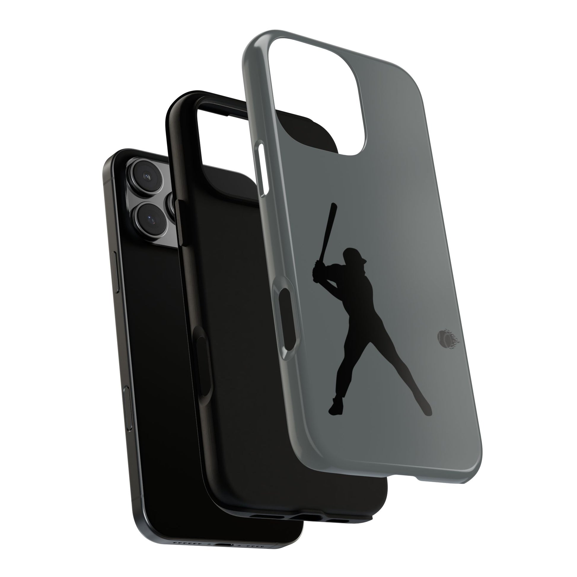 Black iPhone case with a white baseball silhouette design, protective sporty phone cover by Printify.