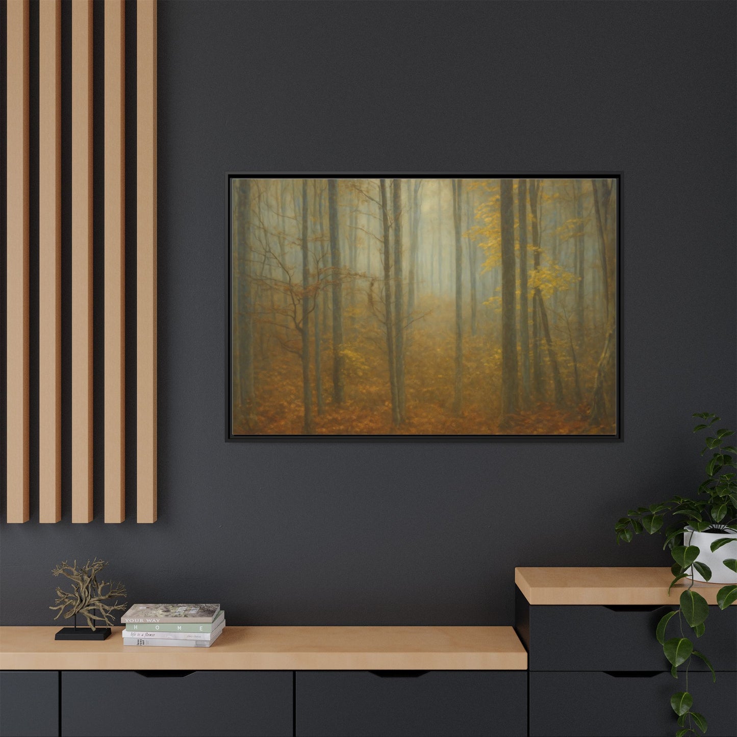 Framed matte canvas wall art of a misty autumn forest scene by Printify, showcasing vibrant fall colors and detailed nature imagery.
