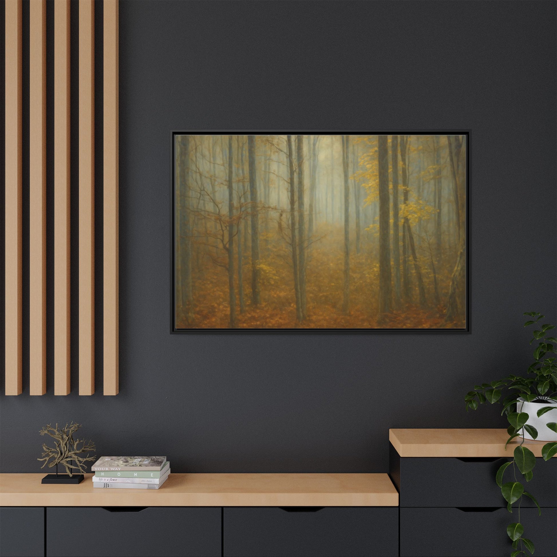 Framed matte canvas wall art of a misty autumn forest scene by Printify, showcasing vibrant fall colors and detailed nature imagery.