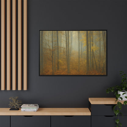 Framed matte canvas wall art of a misty autumn forest scene by Printify, showcasing vibrant fall colors and detailed nature imagery.