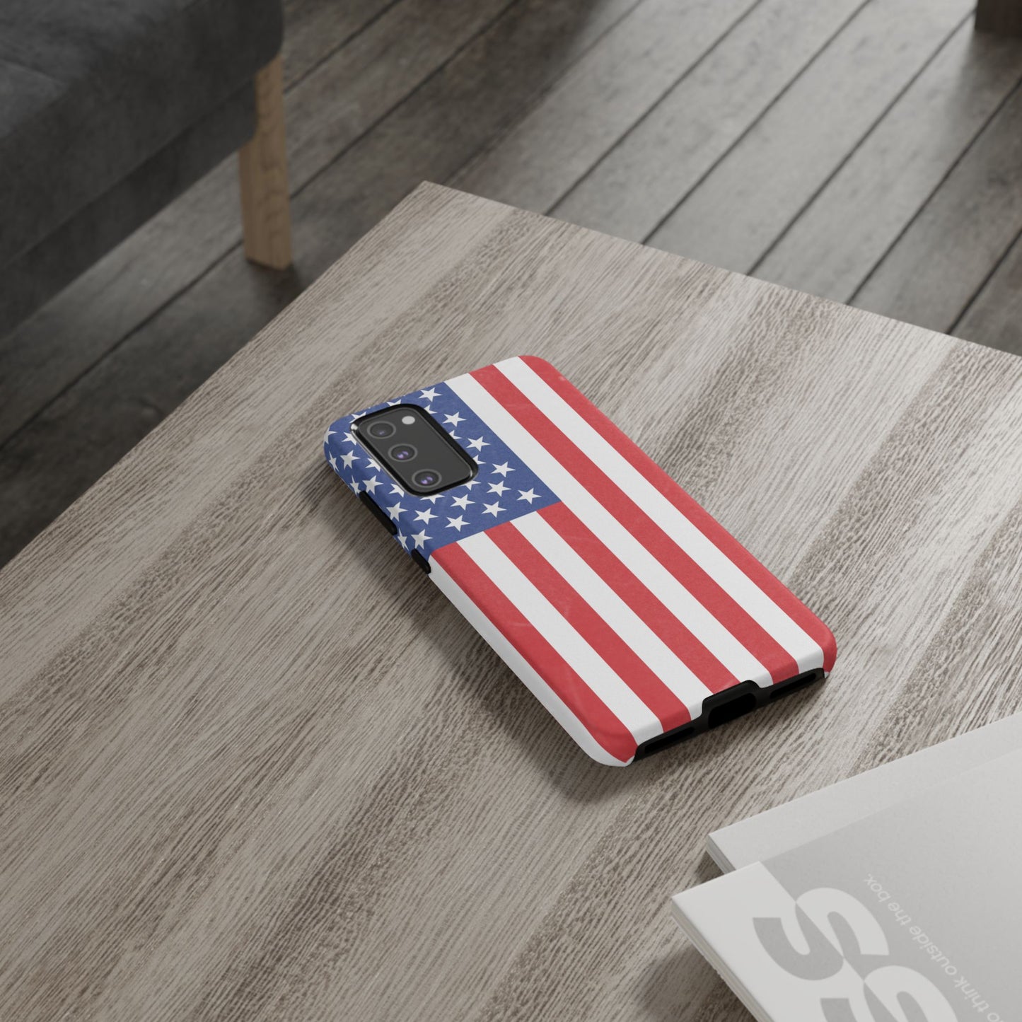 American flag tough phone case for iPhone and Samsung, patriotic protective cover with bold flag design by Printify