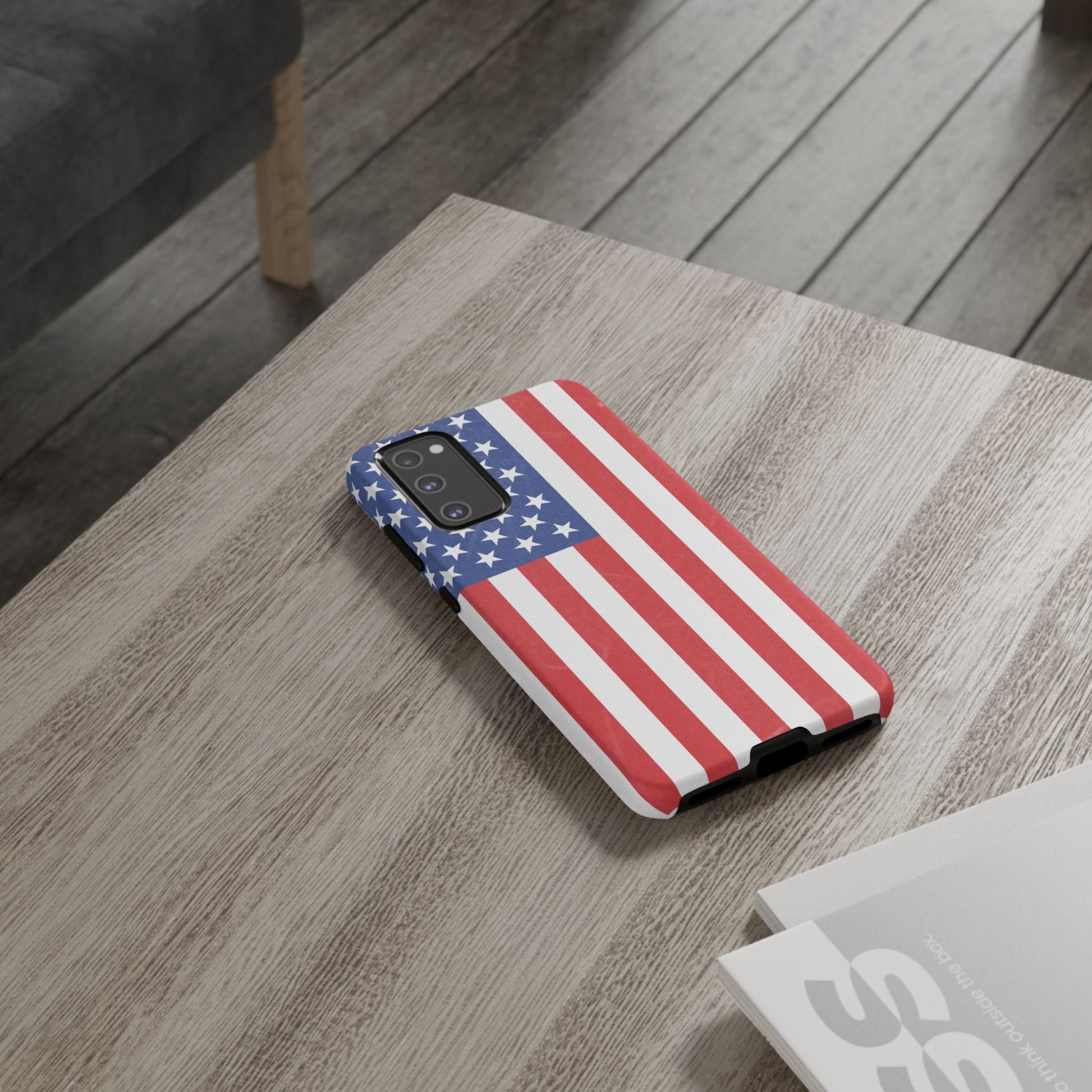 American flag tough phone case for iPhone and Samsung, patriotic protective cover with bold flag design by Printify