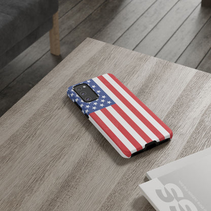 American flag tough phone case for iPhone and Samsung, patriotic protective cover with bold flag design by Printify