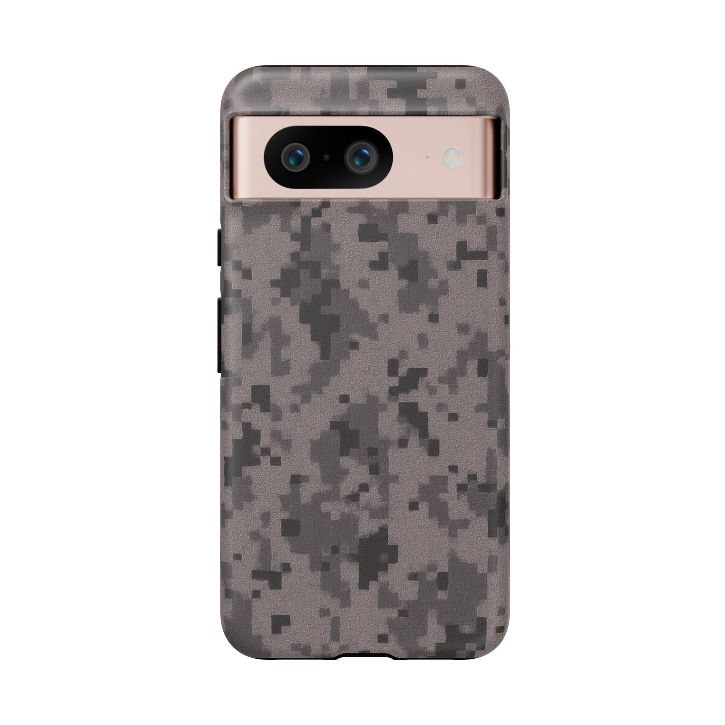 Gray digital camouflage phone case by Printify, tough protective cover for smartphones with a rugged camo design.