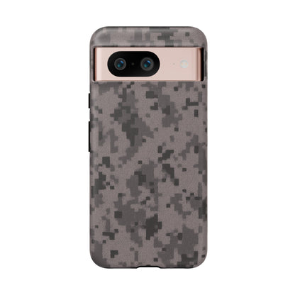 Gray digital camouflage phone case by Printify, tough protective cover for smartphones with a rugged camo design.