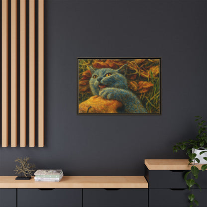 Blue cat canvas print by Printify featuring whimsical wall art, perfect as a gift for cat lovers, displayed on a wall.