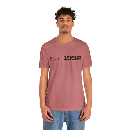 Retro vintage Est. 1992 T-Shirt by Printify featuring classic birth year design and casual fit on a white background.