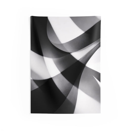 Black and white geometric wall tapestry with abstract monochrome flow design, ideal for modern home decor.