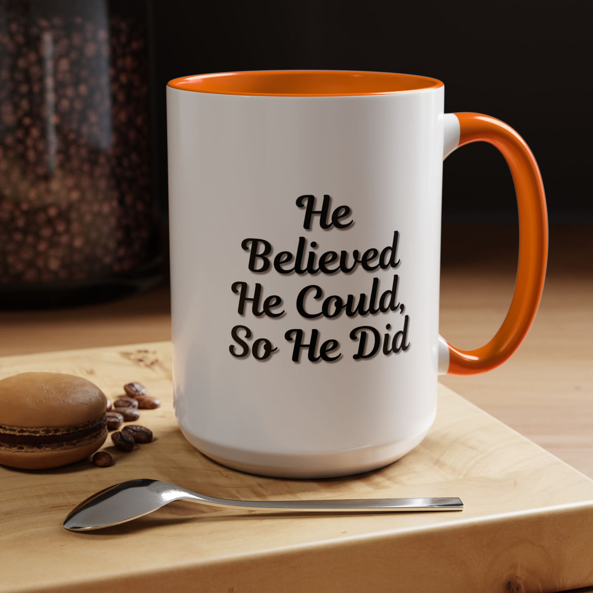 Printify inspirational coffee mug with "He Believed He Could So He Did" quote, featuring a ceramic mug with motivational design.