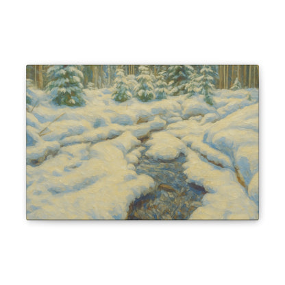 Winter landscape canvas wall art featuring a snowy forest and stream, printed by Printify on stretched canvas.