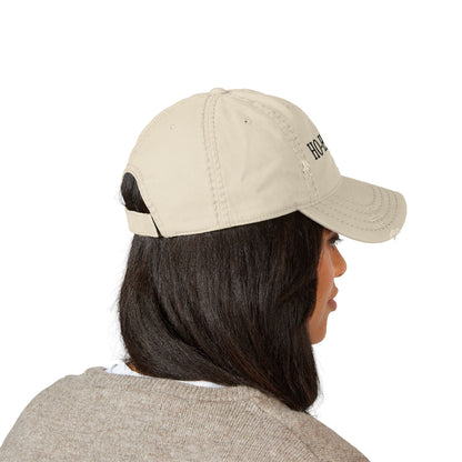 Distressed embroidered "HO-HO-HO" dad hat by Printify featuring a casual baseball cap style and adjustable strap.