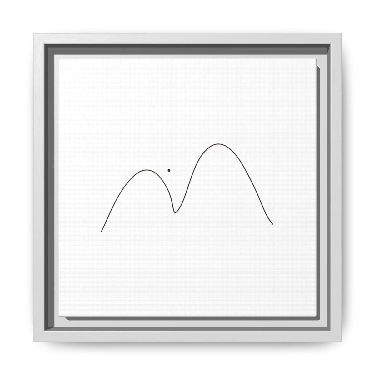 Framed minimalist mountain line art print on matte canvas by Printify, showcasing simple black mountain outline on neutral background.