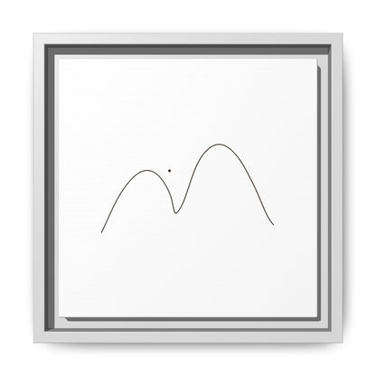 Framed minimalist mountain line art print on matte canvas by Printify, showcasing simple black mountain outline on neutral background.