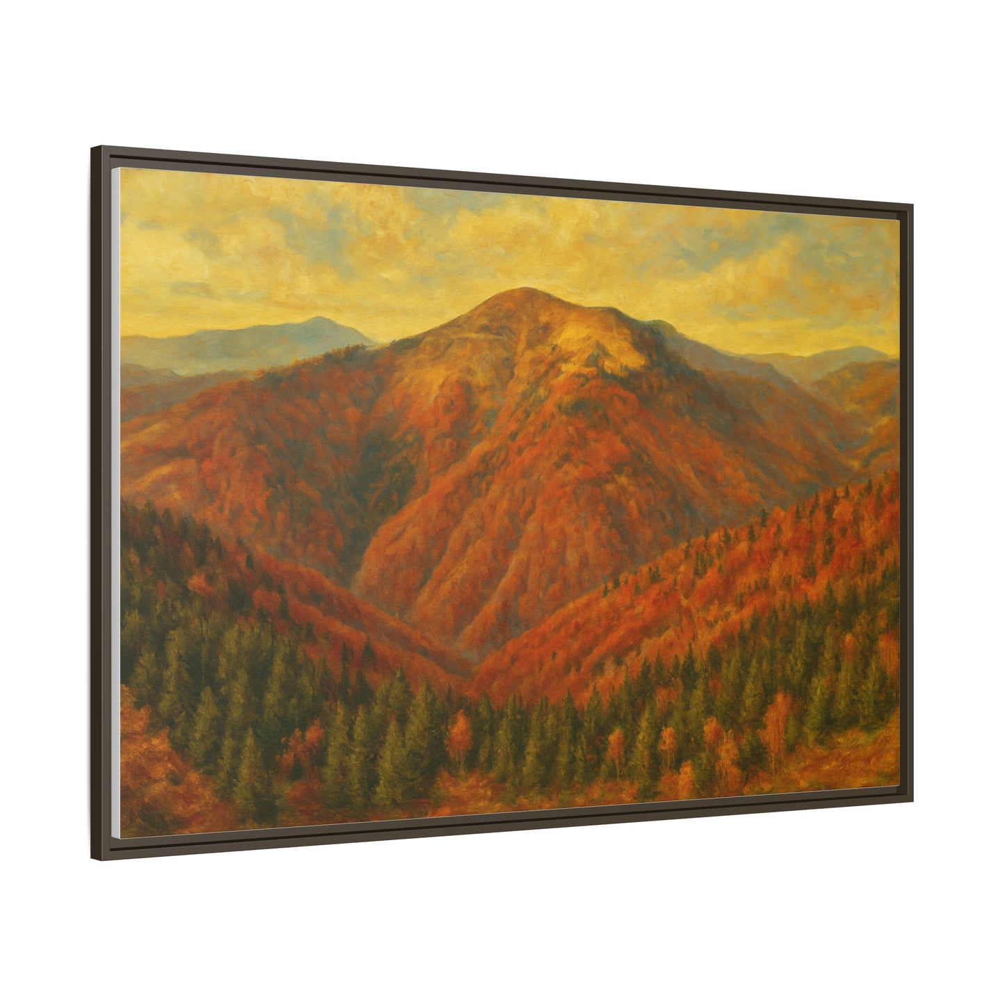 Autumn mountain matte canvas framed wall art by Printify featuring a scenic mountain landscape in warm autumn tones.
