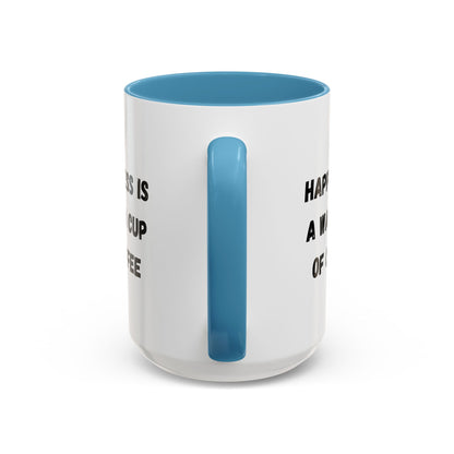 Ceramic coffee mug with the quote "Happiness Is A Warm Cup Of Coffee" in black lettering on a white background.