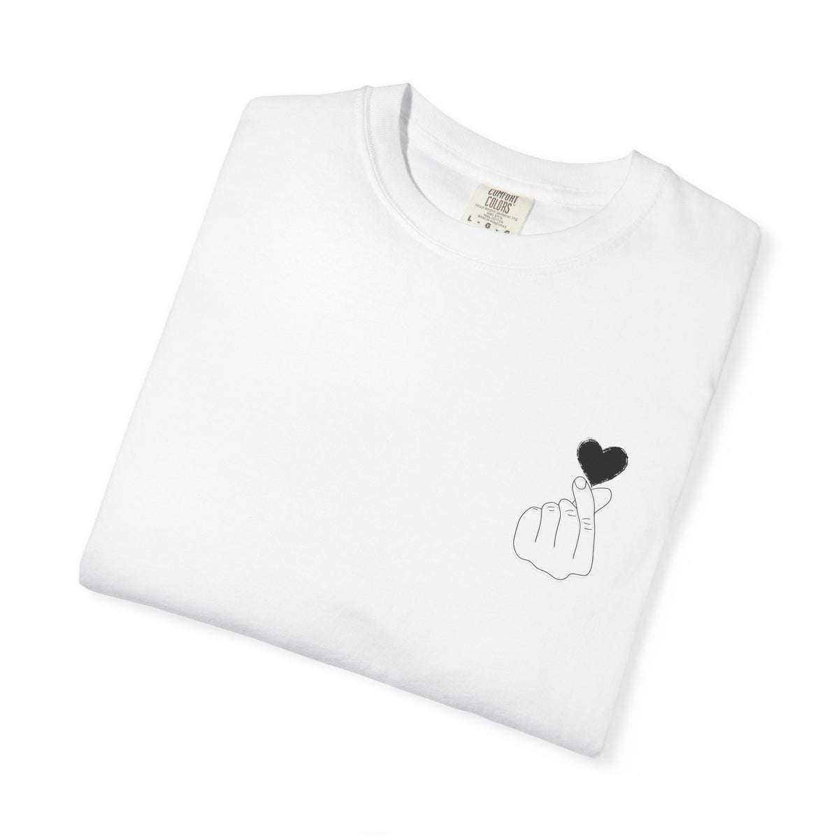 Black T-shirt with minimal white finger heart graphic, casual Printify men's or women's T-shirt design.