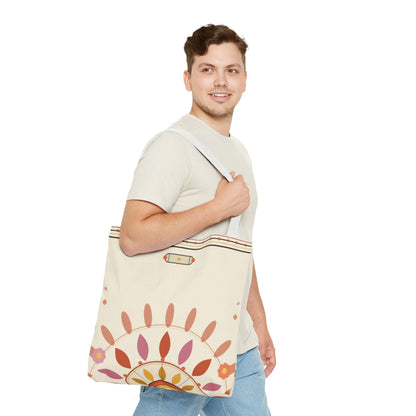 Boho floral mandala tote bag with pastel sunburst pattern, printed by Printify, featuring vibrant floral and geometric design.