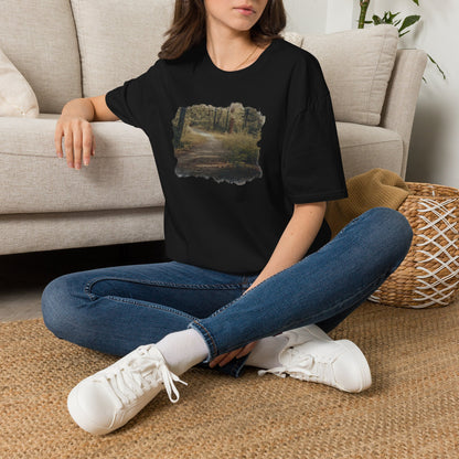 Vintage forest landscape T-shirt by Printify featuring a nature pathway design on a casual cotton tee.
