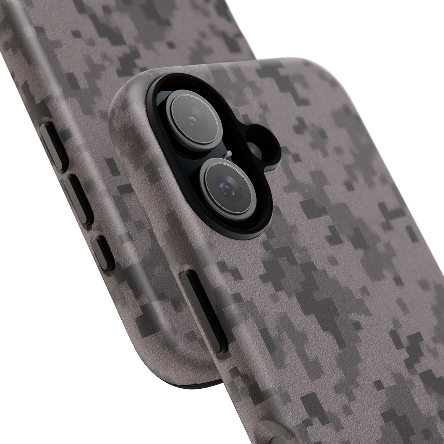 Gray digital camouflage phone case by Printify, rugged protective cover for smartphones with tough, stylish camouflage design.
