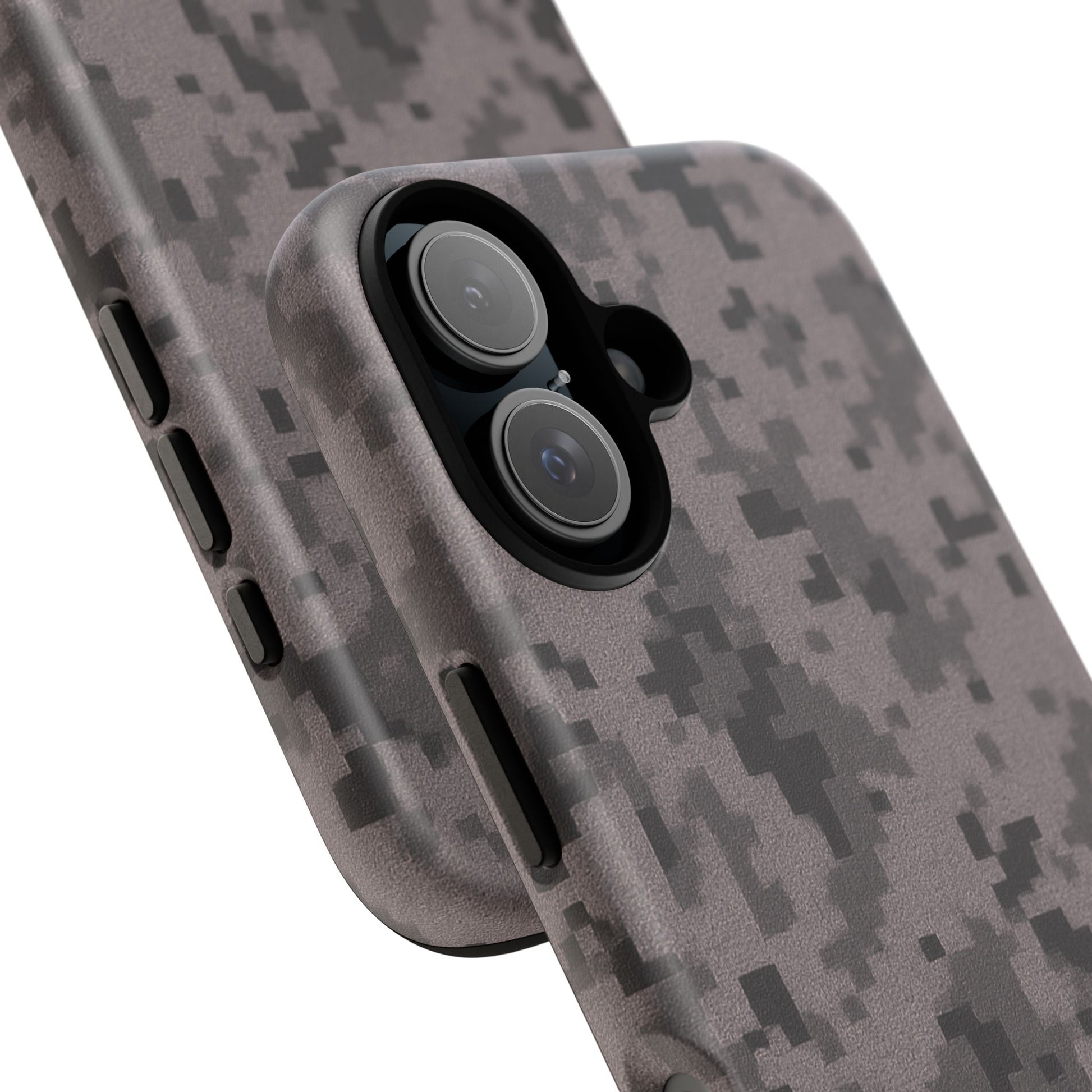 Gray digital camouflage phone case by Printify, rugged protective cover for smartphones with tough, stylish camouflage design.