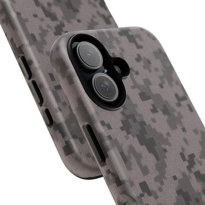 Gray digital camouflage phone case by Printify, rugged protective cover for smartphones with tough, stylish camouflage design.
