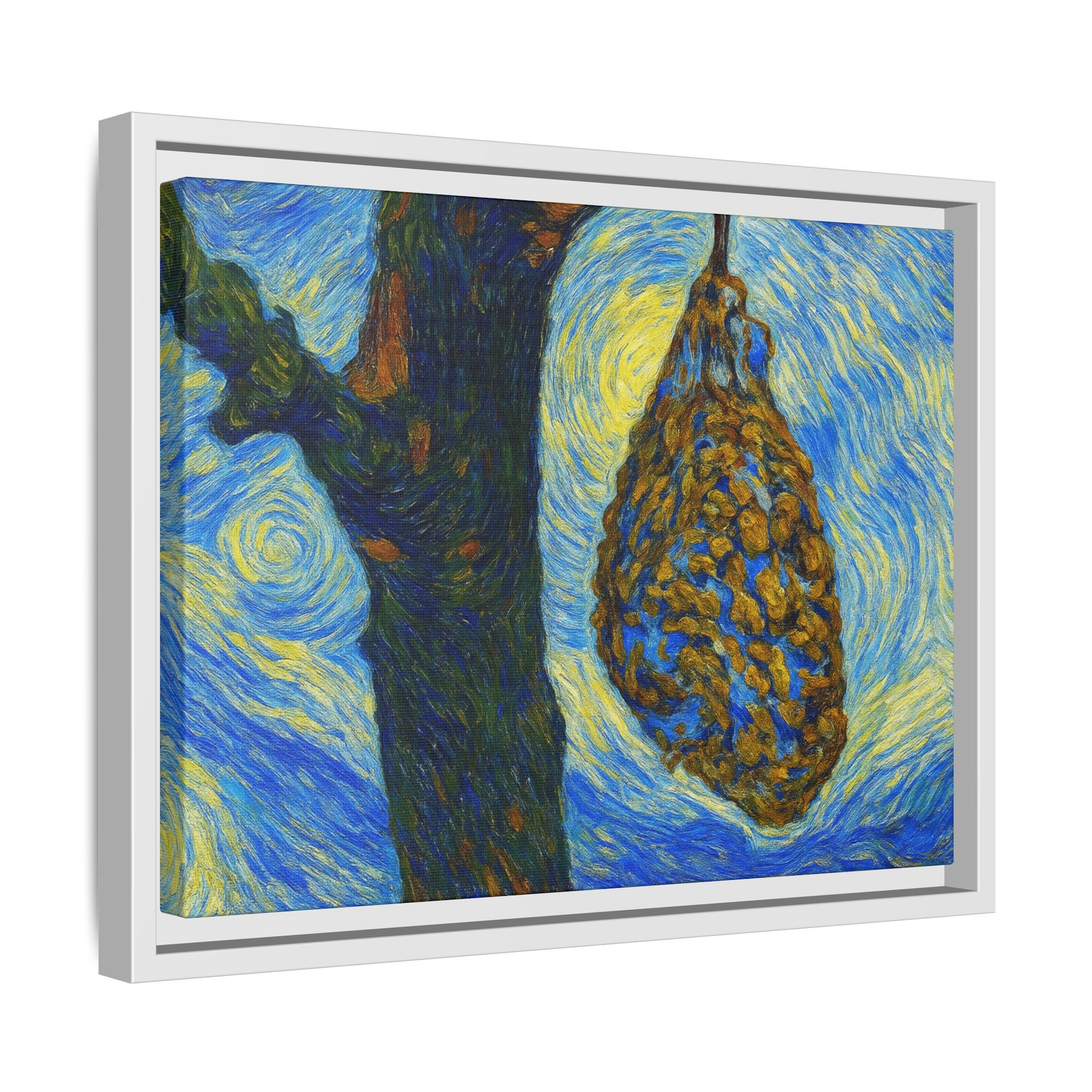 Framed matte canvas art of a starry nut cluster with dried plum in a tree, by Printify, showcasing detailed nature-inspired artwork.