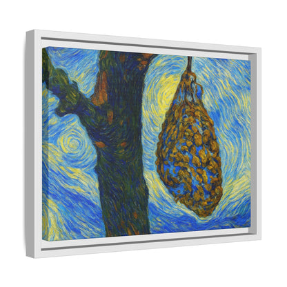 Framed matte canvas art of a starry nut cluster with dried plum in a tree, by Printify, showcasing detailed nature-inspired artwork.