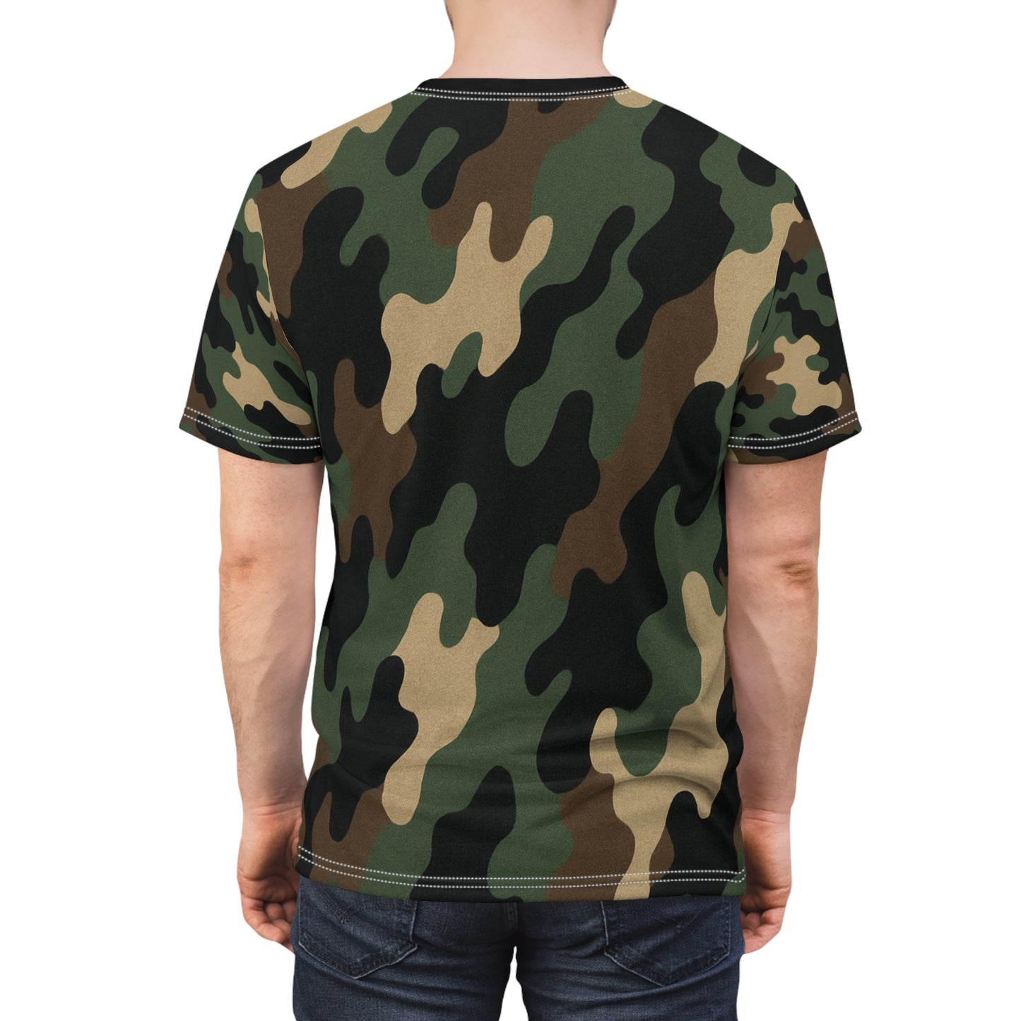Printify woodland camouflage all-over print tee featuring classic woodland camouflage pattern on a casual t-shirt.