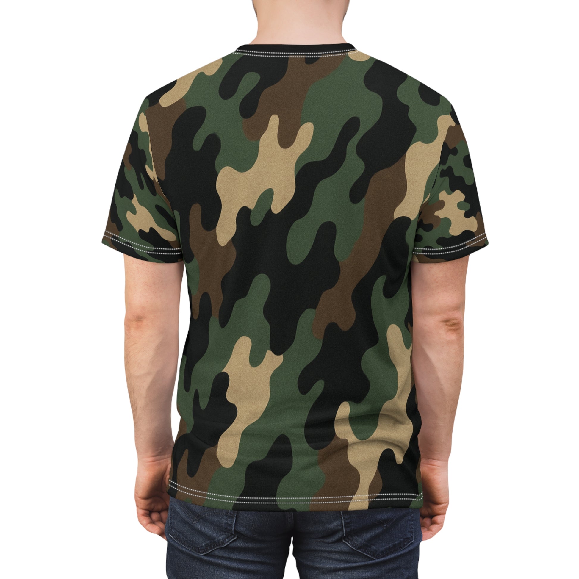 Printify woodland camouflage all-over print tee featuring classic woodland camouflage pattern on a casual t-shirt.