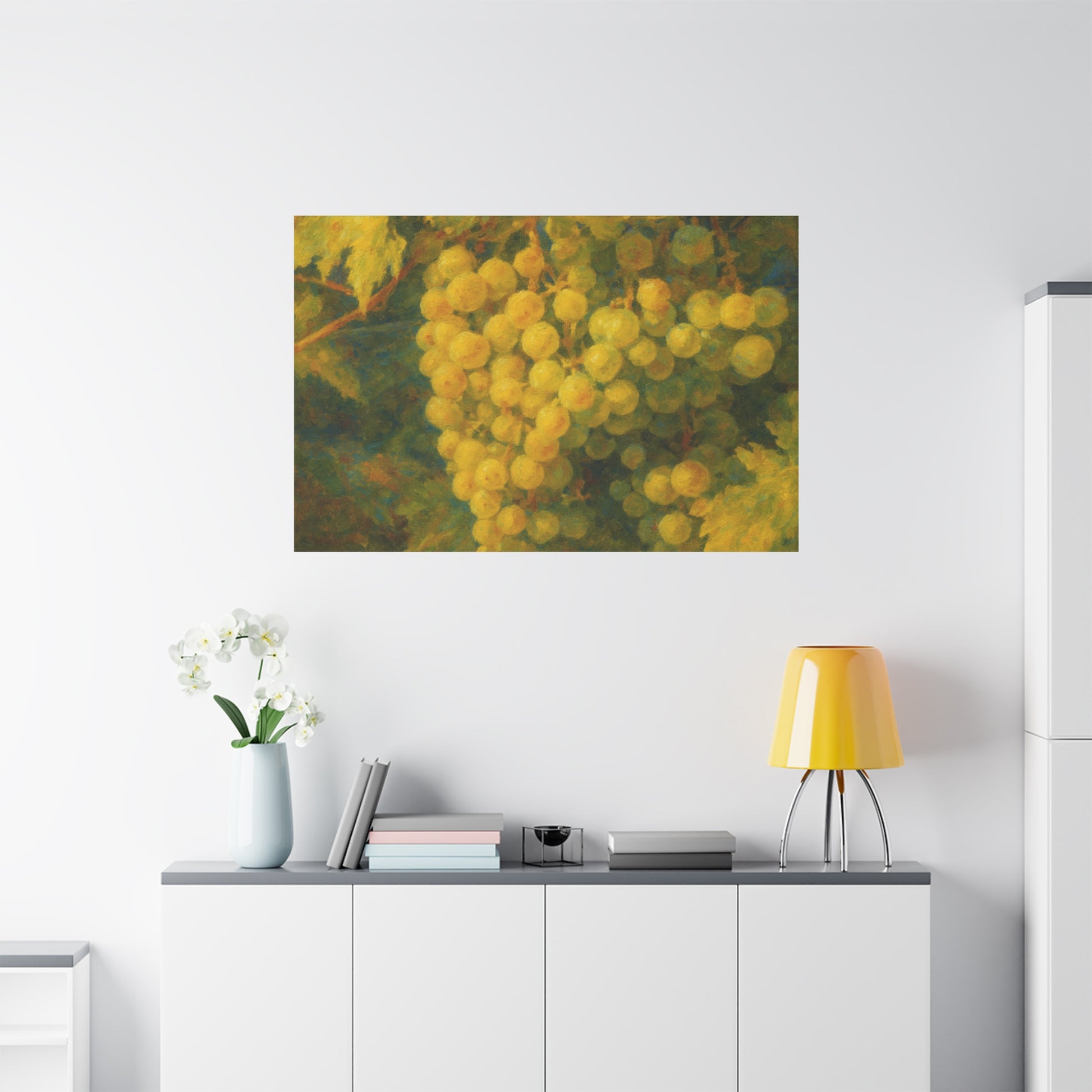 Yellow grape cluster canvas print by Printify showing vibrant yellow grapes hanging in a cluster on a textured canvas background.