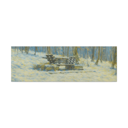 Snowy park bench and winter woodland scene on matte canvas print, stretched 1.25 inches, ideal for wall decor.